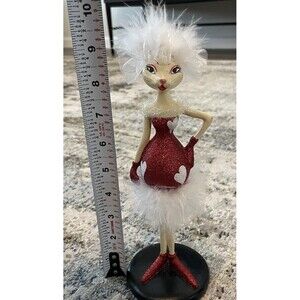 cat figurine wooden christmas dress hearts red feather Fashion Glitter